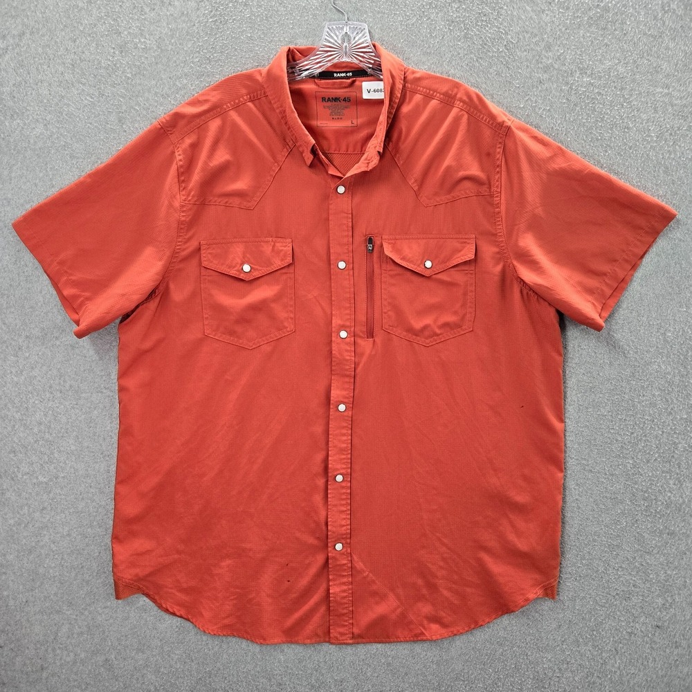 Rank 45 Men Button Up Shirt Large Orange Pearl Snap Pockets Polyester Hike READ